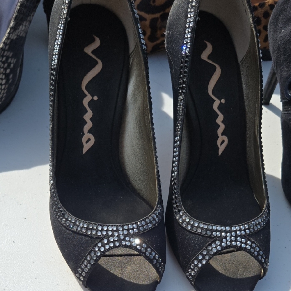 Nina Black Rhinestone Peep-Toe Heels